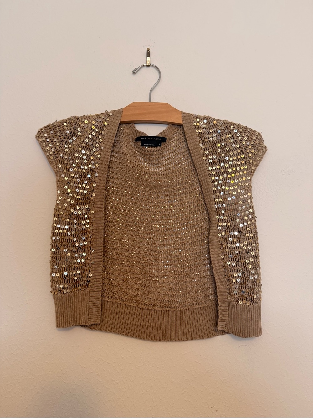 BCBGMaxAzria Gold Sequin Open-Knit Short Sleeve Cardigan